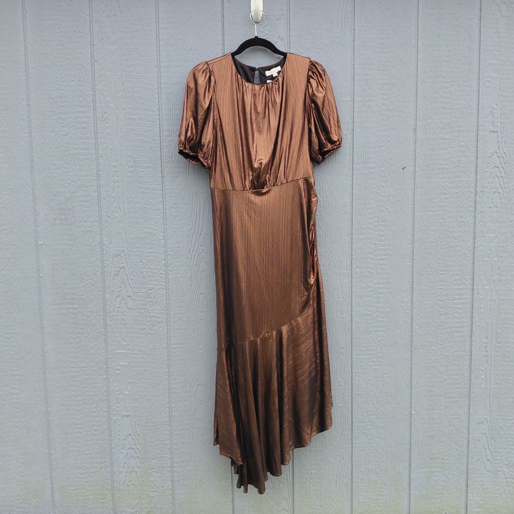 Shop Stevie Rina Metallic Asymmetrical Midi Dress Brown Women's Med Puff Sleeve